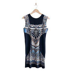 Papillon Womens Sheath Dress Sleeveless Back Zip Printed Black Small